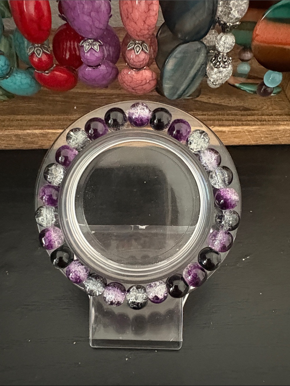 Handcrafted purple and black glass beaded bracelet